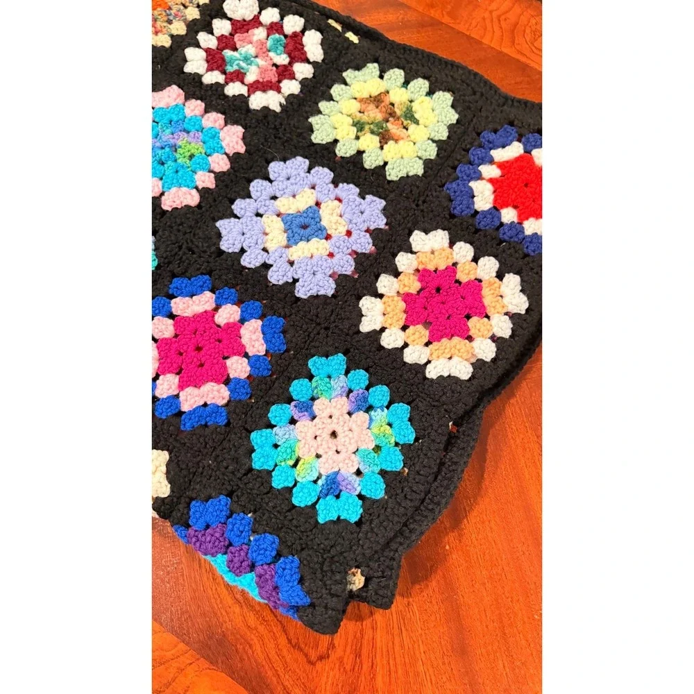 Handmade Crochet Granny Square Afghan Blanket Multicolor Vintage Boho‎ Throw